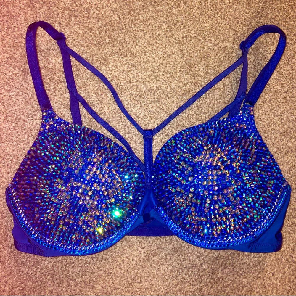 💎 LIKE NEW VICTORIA SECRET CUSTOM BLING RHINESTONE ROYAL BLUE 34C PUSH-UP BRA